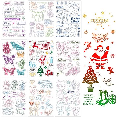 GLOBLELAND 9 Sheets Mixed Silicone Clear Stamps Set for Card Making Decoration and DIY Scrapbooking(Christmas Butterfly Spring Animal Camera Snowflake Lotus Diamond)