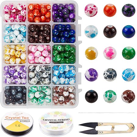 NBEADS About 375 Pcs Glass Beads, Baking Painted 8mm Round Beads with Beading Needles & Scissors for Bracelet Necklace Jewelry Making
