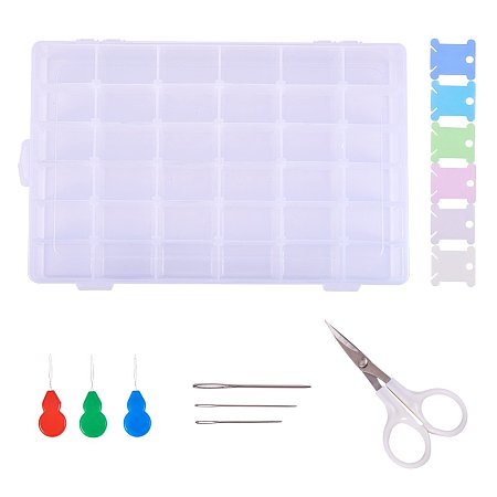 NBEADS Clear Plastic Floss and Needle Threader Organizer with 259pcs Craft Tools Includes Scissors Threaders Bobbins and Needles, Jewelry Box Organizer Storage Container