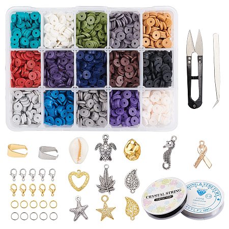 DIY Jewelry Set Kits, with Polymer Clay Heishi Beads, Cowrie Shell Pendants, Alloy Pendants & Lobster Claw Clasps,Crystal Thread and Steel Scissors, Mixed Color, 6x1mm, Hole: 2mm
