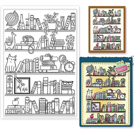 GLOBLELAND 1Sheet Library and Bookcases Clear Stamp Bookshelf Plant Cat Greeting Card Silicone Clear Stamp Read Book Rubber Stamps for Scrapbook Journal Card Making