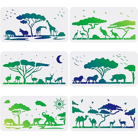FINGERINSPIRE 6 Pcs Animals Stencils Template 5.9x11.8 inch Plastic Wild Animals Drawing Stencils Lion Giraffe Elephant Rhino Reusable Stencils for Painting on Wood, Floor, Wall and Tile