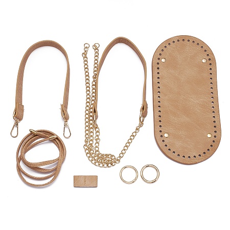 CHGCRAFT PU Leather Bag Knitting Set Round Light Brown Crochet Bag Base with Metal Chain Strap Bag Bottom Shaper Cushion Nail Bottom Shaper Pad with Shoulders DIY Bag Making Accessories