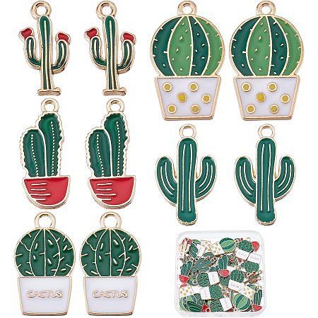 SUNNYCLUE 1 Box 50Pcs 5 Style Alloy Enamel Cactus Charm Beads Bulk Gold Tropical Summer Desert Plant Charms Tropical Pendants for Jewelry Making Earring Necklace Bracelet Keychain DIY Craft Supply