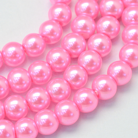 Baking Painted Pearlized Glass Pearl Round Bead Strands, Hot Pink, 6~7mm, Hole: 1mm; about 145pcs/strand, 31.4 inches