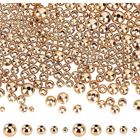 NBEADS 360 Pcs Real 24K Gold Plated Solid Brass Beads, 5 Sizes Metal Spacer Beads, Golden Beads for Bracelet Necklace Earring Jewelry Making, 1~2mm Hole
