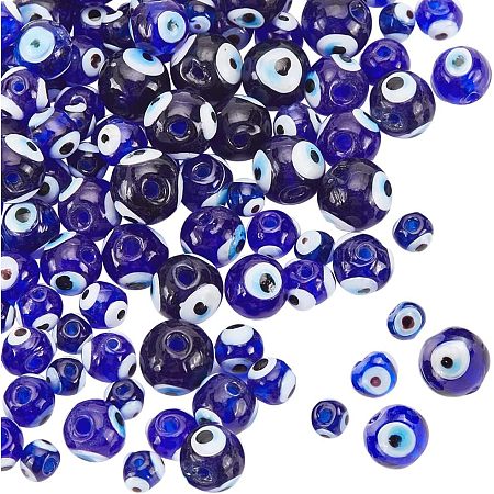 NBEADS 120 Pcs Glass Evil Eye Beads, 6/8/10/12mm Handmade Lampwork Beads Turkish Evil Eye Spacer Beads Round Evil Eye Loose Beads for Bracelets Necklace Jewelry Making, Blue