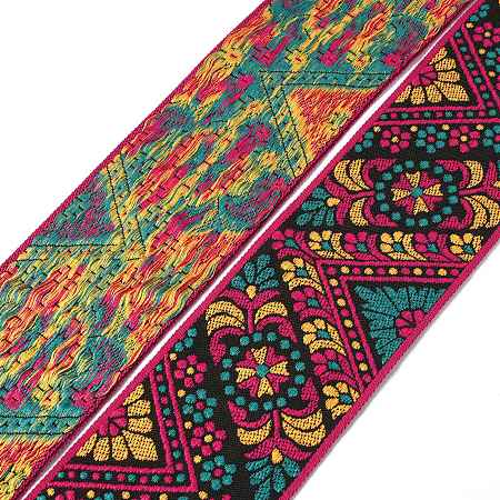 Arricraft Ethnic Style Polyester Ribbon, Jacquard Ribbon, Tyrolean Ribbon, Flat with Floral Pattern, Colorful, 2-7/8 inch(74mm)