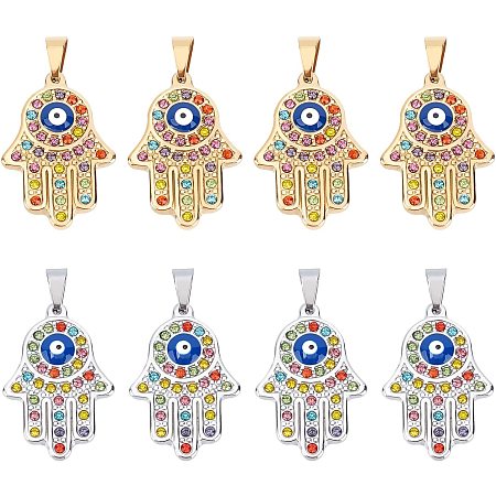 DICOSMETIC 8pcs 2 Colors 38mm 304 Stainless Steel Hamsa Hand Pendants with Evil Eye Hand of Fatima Charms Third Eye Pendants with Colorful Rhinestone for Jeweilry Making,Hole:5x7mm