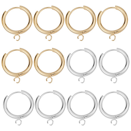 SUNNYCLUE 12Pcs 2 Colors 201 Stainless Steel Huggie Hoop Earring Findings, with Horizontal Loop and 316 Surgical Stainless Steel Pin, Mixed Color, 18x15x2.5mm, Hole: 2.5mm, Pin: 1mm, 6pcs/color