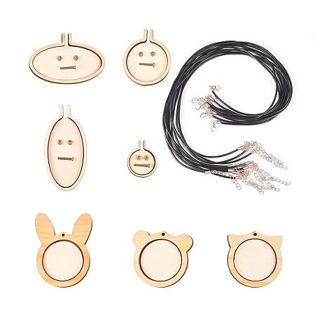 PandaHall Elite 7 Sets Ring Embroidery Hoops Pendant Wooden Mini Cross Stitch Hoop Frame with 10pcs Necklace Making(17.7