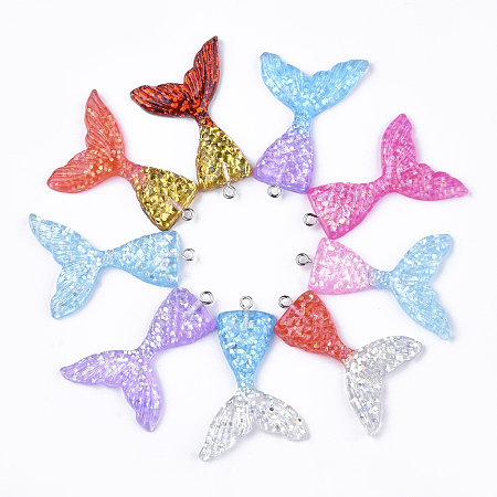 Honeyhandy Resin Pendants, with Glitter Powder and Iron Findings, Mermaid Tail Shape, Platinum, Mixed Color, 46x30x6mm, Hole: 2mm