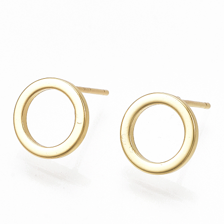 Honeyhandy Brass Stud Earrings, Ring, Real 18K Gold Plated, 10mm, Pin: 0.7mm