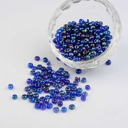 Honeyhandy 6/0 Transparent Rainbow Colours Round Glass Seed Beads, Blue, Size: about 4mm in diameter, hole:1.5mm, about 495pcs/50g