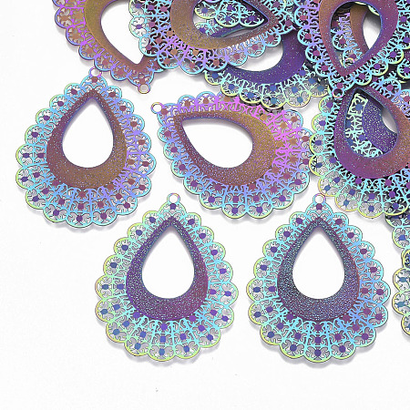 NBEADS 201 Stainless Steel Filigree Pendants, Etched Metal Embellishments, Teardrop, Multi-color, 45x35x0.3mm, Hole: 2mm