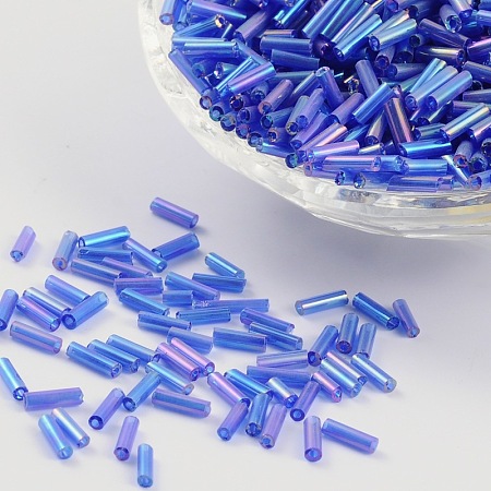 Honeyhandy Transparent Colours Rainbow Glass Bugle Beads, AB Color, Blue, 6x1.8mm, Hole: 0.6mm, 1250pcs/50g