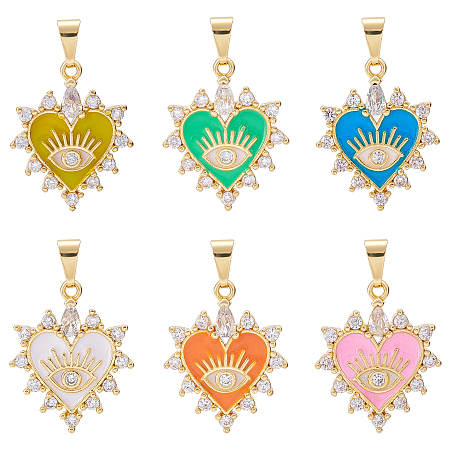 NBEADS 6 Pcs Heart Evil Eye Charms, 6 Colors Real 18K Gold Plated Charms Brass Clear Cubic Zirconia Pendants for Earring Necklace Jewelry Making