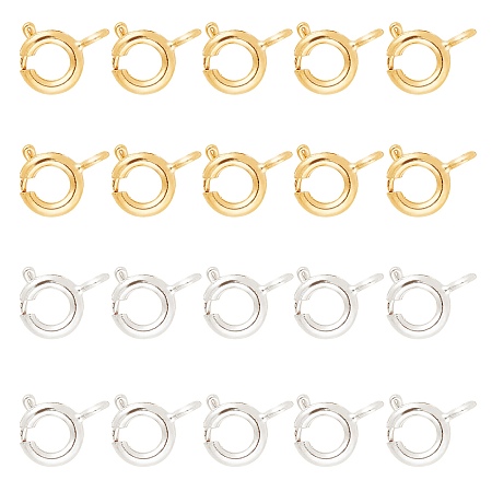 ARRICRAFT Brass Spring Ring Clasps, Jewelry Components, Golden & Silver Color Plated, 6mm, Hole: 1.5mm, 50pcs/color, 2 Colors, 100pcs/box