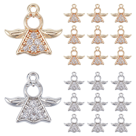 PandaHall Elite 20Pcs 2 Colors Rack Plating Brass Micro Pave Clear Cubic Zirconia Charms, Long-Lasting Plated, Cadmium Free & Lead Free, Angel Charms, Platinum & Golden, 12x12.5x2mm, Hole: 1mm, 10pcs/color