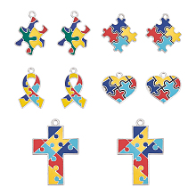 Enamel Alloy Pendants, Autism Puzzle & Ribbon & Heart & Cross, Colorful, Platinum, 10pcs/box