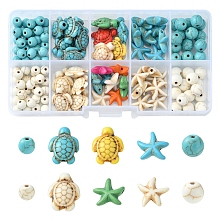 Honeyhandy DIY Synthetic Turquoise Beads Kits, Dyed, Round & Tortoise & Starfish, Mixed Shapes, Mixed Color, 6~18x6~14x4.5~8mm, Hole: 1~1.5mm, 129pcs/box