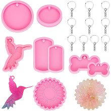 AHANDMAKER 9pcs Silicone Keychain Mould Set, Epoxy Resin Keychain Moulds with Sunflower Hummingbird Round Dog Bone Dog Tag and 20pcs Key Rings for DIY Crafts Jewelry Making Supplies