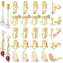 PandaHall Elite 50pcs Clip on Earring Converters, 5 Styles Golden Earring Clips Brass Dangle Earring Round Flat Back Tray Earring Clips with Easy Open Loop for Non-Pierced Ears DIY Earring Making