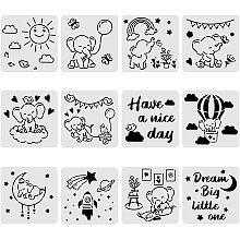 BENECREAT 12PCS Elephant Pattern Plastic Drawing Templates 12x12 Inches Cute Elephant with Nature Template Stencil for Scrabooking Card Making, Wall Floor Decoration