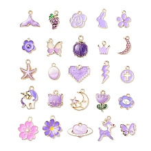 25Pcs 25 Style Light Gold Alloy Enamel Pendants, Starfish & Crown & Butterfly & Rabbit & Flower & Sheep & Grape & Oval & Moon & Heart & Unicorn & Deer & Cat & Shell, Mixed Color, 10.5~21x9~21.5x1.5~4.5mm, Hole: 1~2mm, 1pc/style