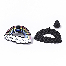 Honeyhandy Creative Zinc Alloy Brooches, Enamel Lapel Pin, with Iron Butterfly Clutches or Rubber Clutches, Electrophoresis Black Color, Rainbow with Word Follow Your Daydream, Colorful, 26.5x39.5mm, Pin: 1mm