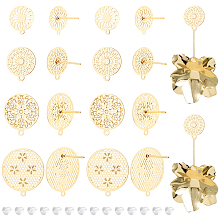 BENECREAT 24Pcs Real 18K Gold Plated Brass Stud Earring, 4 Style Flat Round with Flower Stud Earring with Horizontal Loop and Ear Nuts for DIY Earring Making Supplies,Hole: 1mm~1.4mm