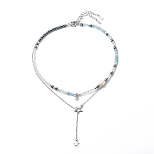 Honeyhandy 2Pcs 2 Style 304 Stainless Steel Shell & Star Charms Lariat Necklaces Set with Natural Pearl, Opalite & Natural Aquamarine & Synthetic Hematite Beaded Necklaces for Women, Stainless Steel Color, 15.59~19.06  inch(39.6~48.4cm), 1Pc/style