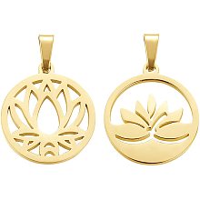 BENECREAT 8PCS 2 Style Gold Lotus Charms 304 Stainless Steel Ring with Lotus Pendants for DIY Necklace Bracelet Jewelry Making, Hole: 5mm