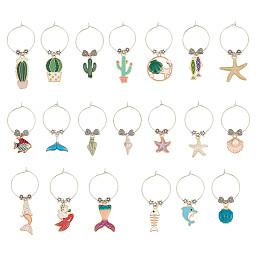 BENECREAT 20Sets Ocean Theme Alloy Enamel Wine Glass Charms, Mermaid Shell Starfish Cactus Fishbone Beach Drink Markers Tags Identification for Stem Glass Decoration Wine Tasting Party