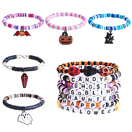 Honeyhandy 12Pcs 12 Style Handmade Polymer Clay Heishi Surfer Stretch Bracelets Set with Alloy Enamel Ghost Coffin Pumpkin Charms, Acrylic Word Halloween Preppy Bracelets for Women, Mixed Color, Inner Diameter: 2-1/8 inch(5.3~5.5cm), 1Pc/style