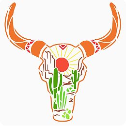 FINGERINSPIRE Cow Skull Painting Stencils 11.8x11.8 inch Plastic Desert Landscape Drawing Painting Stencils Bull Skull & Cactus Sun Pattern Stencils Animal Stencils for Painting on Walls and Crafts