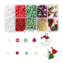 Arricraft DIY Christmas Themed Jewelry Making Kits, 810Pcs Glass Seed & Polymer Clay Beads, 10Pcs Alloy Pendants, Aluminum Bell Charms, Tassel Pendants, Iron Jump Rings and Elastic Crystal Thread, Mixed Color, Beads: 810pcs/box