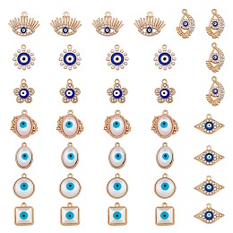 36Pcs 9 Style Alloy Enamel Pendants, with Rhinestone & Resin Imitation Cat Eye Cabochons, Mix-shaped, Golden, 14.5~20x12~21x2~6mm, Hole: 1.4~2mm, 4pcs/styles