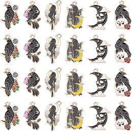 SUNNYCLUE 1 Box 24Pcs Gothic Charms Bulk Crow Charms Enamel Raven Black Bird Skull Scary Halloween Skeleton Charm Rose Moon Charms for Jewelry Making Charm Necklace Bracelet Earrings DIY Supplies