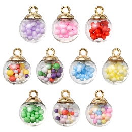 10Pcs Glass Ball Pendants, with Polyfoam Inside & Golden CCB Plastic Pendant Bails, Round, Mixed Color, 21.5x16mm, Hole: 2mm