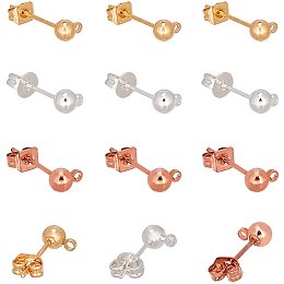 PandaHall Elite 45 Pairs(90pcs) 3 Colors Brass Earring Studs Ear Pin Ball Post with Butterfly Earring Backs for Earring Making Findings, Golden/Silver/Rose Gold