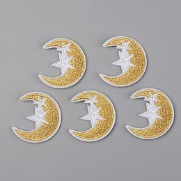 Honeyhandy Computerized Embroidery Cloth Iron on/Sew on Patches, Appliques, Costume Accessories, Moon with Star, Gold, 38x34x1.5mm