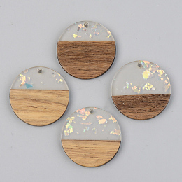 Honeyhandy Transparent Resin & Walnut Wood Pendants, with Paillette/Sequin, Flat Round, Clear, 28x3mm, Hole: 2mm