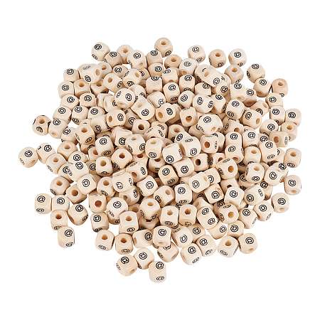 SUPERFINDINGS Maple Natural Wood European Beads, Large Hole Beads, Cube with Mark @, Antique White, 10x10x10mm, Hole: 4mm, 300pcs/bag