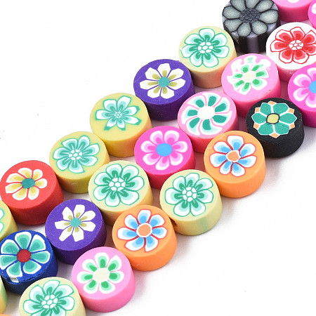 Handmade Polymer Clay Bead Strands, FLat Round with Flower, Mixed Color, 9~10x4~5mm, Hole: 1.6mm, about 40pcs/strand, 14.96 inch~15.35 inch(38~39cm)