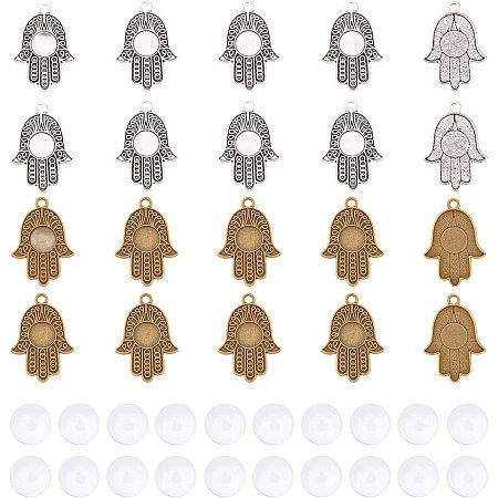 SUPERFINDINGS 40 Sets 2 Colors Tibetan Styles Alloy Hamsa Hand Pendant Trays Round Blank Bezel with 10mm Glass Cabochon Round Clear Dome Tiles for Crafting DIY Jewelry Making