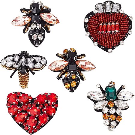 GORGECRAFT 6 Pieces Beaded Rhinestone Patches Heart Bee Shape Crystal Applique Fabric Iron on Patches for Jeans Jackets Clothes Shoes Scrapbooking Handbag DIY Decoration Crafts