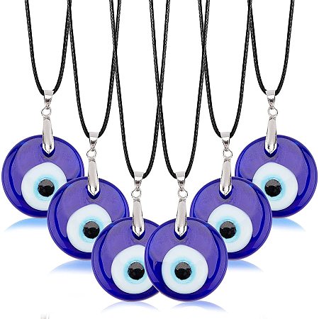 NBEADS 6 Pcs Evil Eyes Pendant Making Kit, Glass Evil Eyes Lampwork Beads Charms with Leather Cord and Ice Pick Pinch Bails for Jewelry Necklace Making