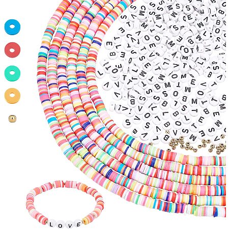 PandaHall Elite 2280pcs 6mm Polymer Clay Beads Colorful Flat Round Heishi Beads with 320pcs 7x4mm 8 Style Letter Beads(L O V E M B S T) 40pcs 3mm Round Beads for DIY Bracelet Necklace Waist Chain Jewelry