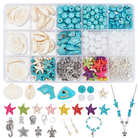 PandaHall Elite DIY Ocean Jewelry Making Finding Kit, Including Starfish & Dolphin & Chips Synthetic Turquoise & Natural Shell & Imitated Gemstone Acrylic Beads, Iron Ring, Alloy Pendant & Clasps, Mixed Color, 406Pcs/box